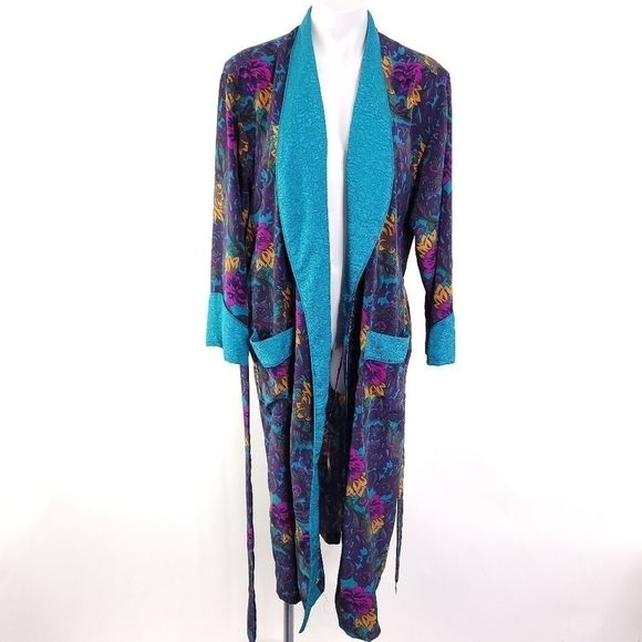 Victoria's Secret Vintage Floral Gold Label Long Satin Robe Purple Blue sz Small - Picture 5 of 6